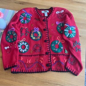 Vintage Segue Christmas Wreath Beaded Festive Red Holiday Res Cardigan